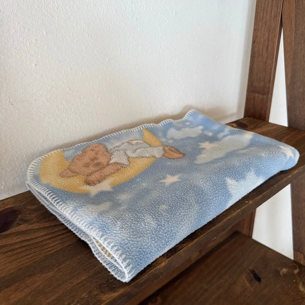 Vintage Dolly Boyd's Collection Teddy Bear Baby Blanket Moon Stars Blue 28x36
